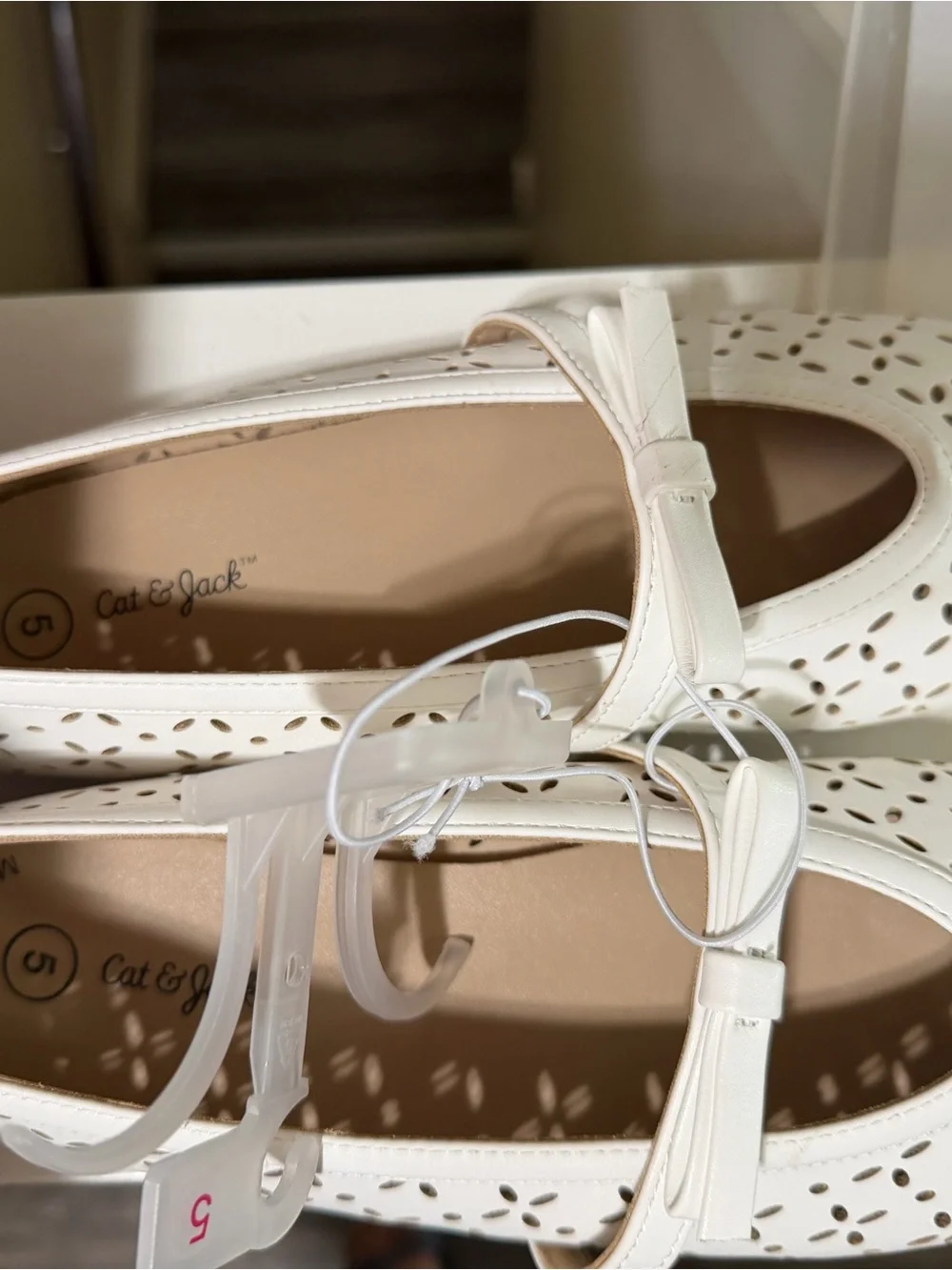 Cat & Jack White Laser-Cut Mary Jane Flats with Bow Accent